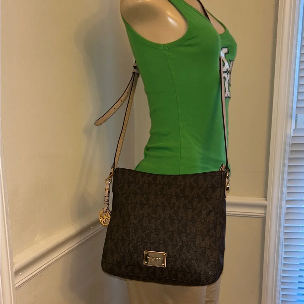 Michael Kors Brown Signature MK Monogram Crossbody Shoulder Bag Purse - Picture 2 of 16